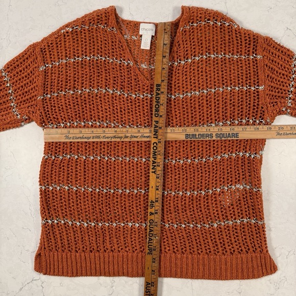Chicos Women burnt orange silver striped open knit sweater size 0 pullover Small - Picture 2 of 12